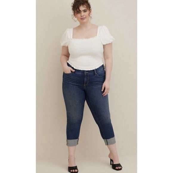 Torrid 3 Smocked Challis Crop Top Puffed Sleeve White Plus Size 3X - Picture 2 of 11